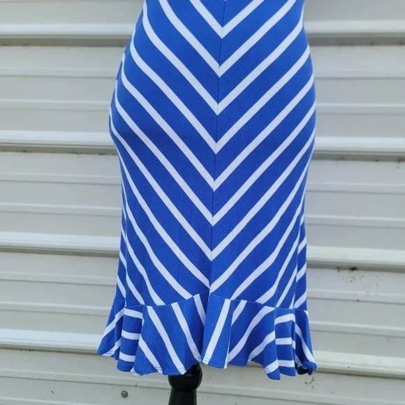 Bebe Women Dress Blue White Midi Bodycon Sleeveless Scoop Neck Sz M - Picture 5 of 11